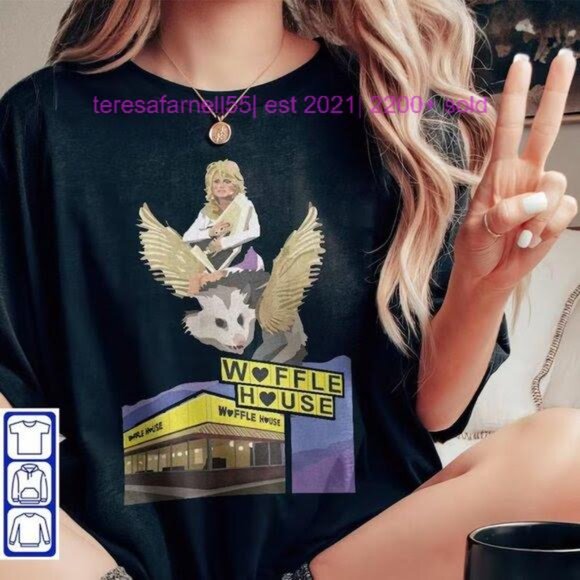 Dolly Parton Riding a Winged Possum over Waffle House Retro shirt - Picture 1 of 2